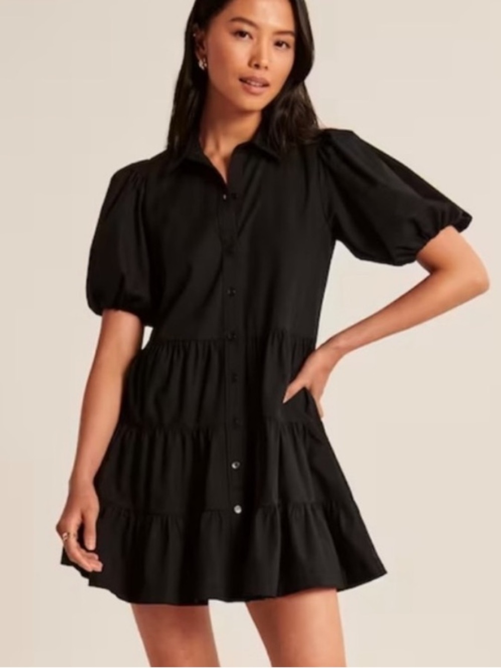 Abercrombie & Fitch Black Button-Front Tiered Mini Dress
